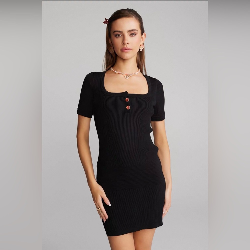 Nana Jacqueline Ribbed Square Neck Mini Dress with Button Detail